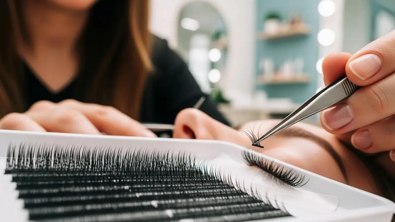 Woman applying silk lash extensions in a modern salon, highlighting the lightweight benefits for daily use